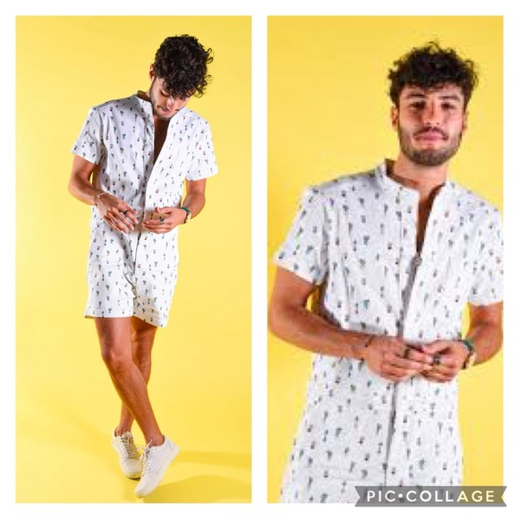 RompHim White Cotton Cactus Print Romper Size Large - Picture 1 of 15